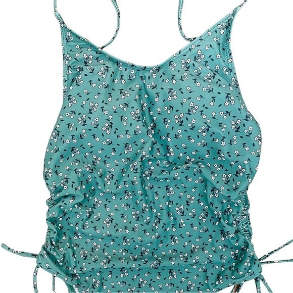 Romwe Green & White Floral Print Side Drawstring One Piece Swimsuit Size Large - Picture 6 of 15